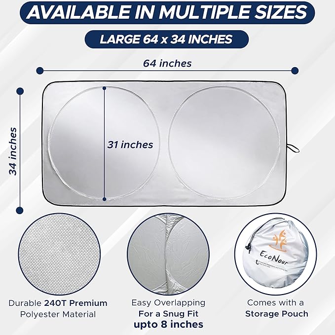 EcoNour Car Front Windshield Sun Shade for Car | SUV Accessories for Maximum Sun and Heat Protection | UV-Blocking Windshield Dash Cover & Sun Visor for Cooler Interior | Large (64 x 34 Inches)