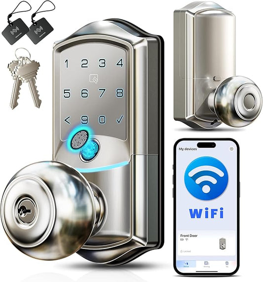 Veise VE028 Built-in Wi-Fi Smart Lock with Knob, Fingerprint Keyless Entry with Handle, App Remote & Voice Control, Electronic Digital Keypad for Front Door and Bedroom, IP65 Waterproof, Satin Nickel