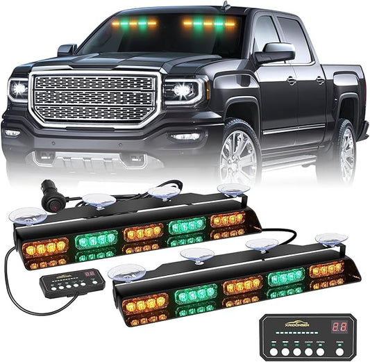 XRIDONSEN 2x 17 inch Amber Green Emergency Dash Strobe Lights for Trucks Interior Front/Rear Windshield Lights 40 LED Safety Flashing Warning Hazard w/Controller for Construction Vehicles SUV Car