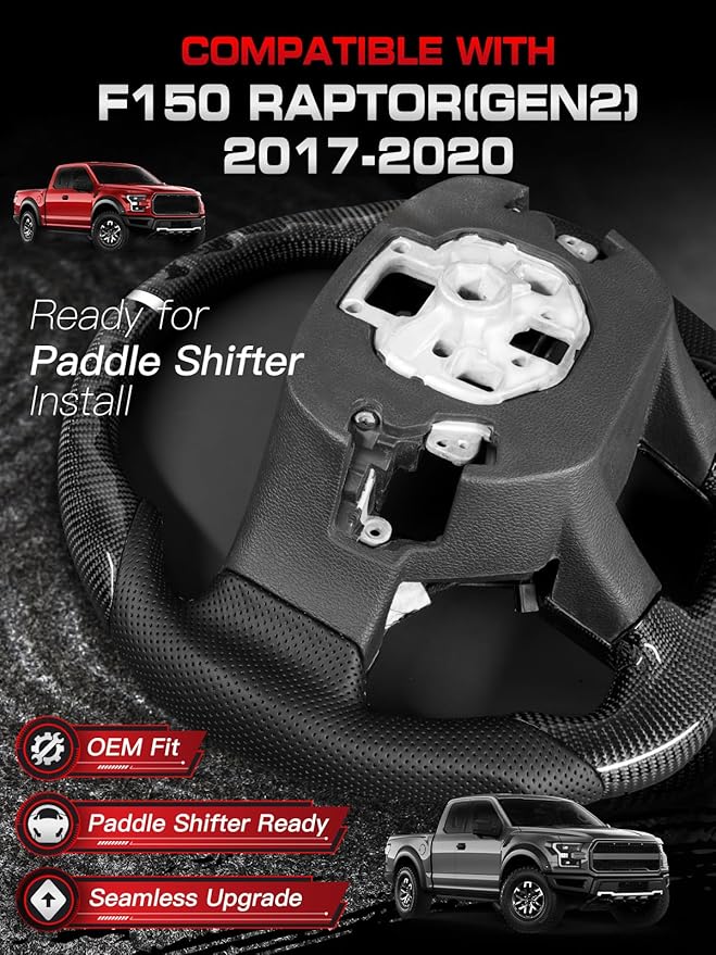 Steering Wheel for F150 Raptor 2017-2020 Real Carbon Fiber with Heated with Decorative Trim Piece White Stripe&Stitching Black Nappa Leather D-shaped for Raptor with Paddle Shifters Models