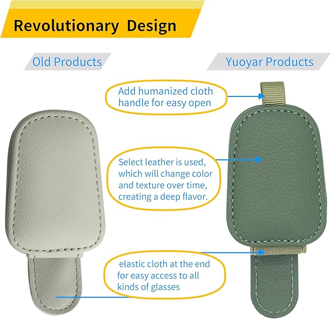 Yuoyar Sunglass Holder for Car, Magnetic Leather Sunglasses Holder and Ticket Card Clip, Car Visor Accessories, 2 Packs (Green)