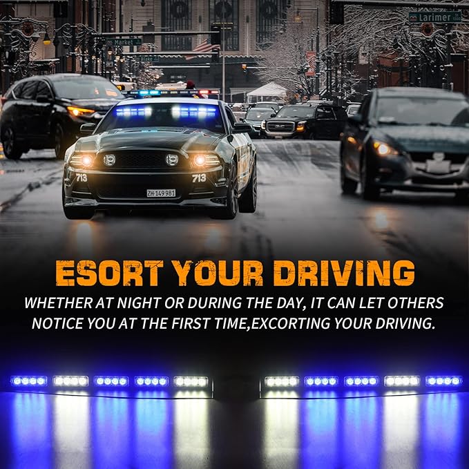 XRIDONSEN Blue White Emergency Visor Lights Warning Flashing Interior Windshield Strobe Lights Bar for Police Firefighter Vehicles Trucks w/Take Down, Deck Split Mount (34 inch, 40 LED)