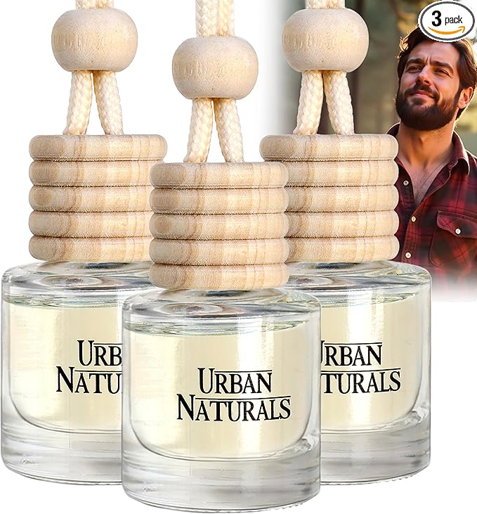 Urban Naturals Car Air Freshener Diffuser 3 Pack - Man Cave Essentials Scent, 45+ Days Long Lasting Fragrance, Made in USA, Glass & Wood, Hanging Design + Vent Cip, Easy to Use