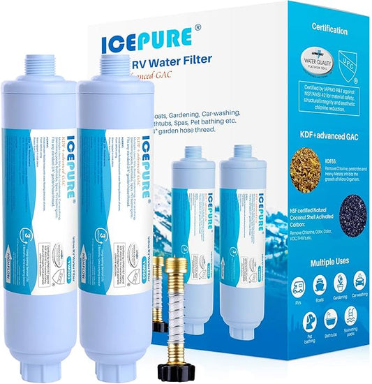 ICEPURE RV Water Filter system for Garden, RV, Pool, Camper, Marine, Boat Hose for Drinking, Car Washing, Gardening, Planting, Spa, Reduces Chlorine, Odors, with 1 flexible hose protector, 2PACK