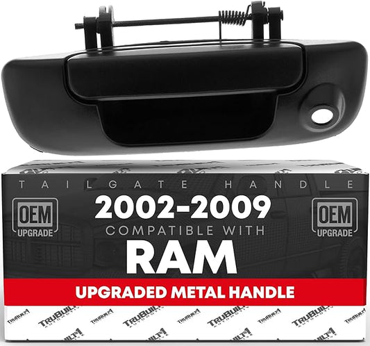 T1A Tailgate Handle Assembly, Upgraded Metal - Compatible with 2002-2008 Dodge Ram 1500, 03-09 Ram 2500, 03-09 Ram 3500 - Textured Black w/Camera Hole - OEM 55276237AA-ACHMT, 80165