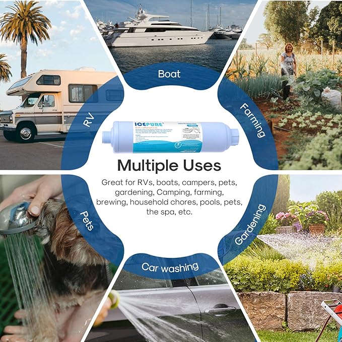 ICEPURE RV Water Filter system for Garden, RV, Pool, Camper, Marine, Boat Hose for Drinking, Car Washing, Gardening, Planting, Spa, Reduces Chlorine, Odors, with 1 flexible hose protector, 2PACK