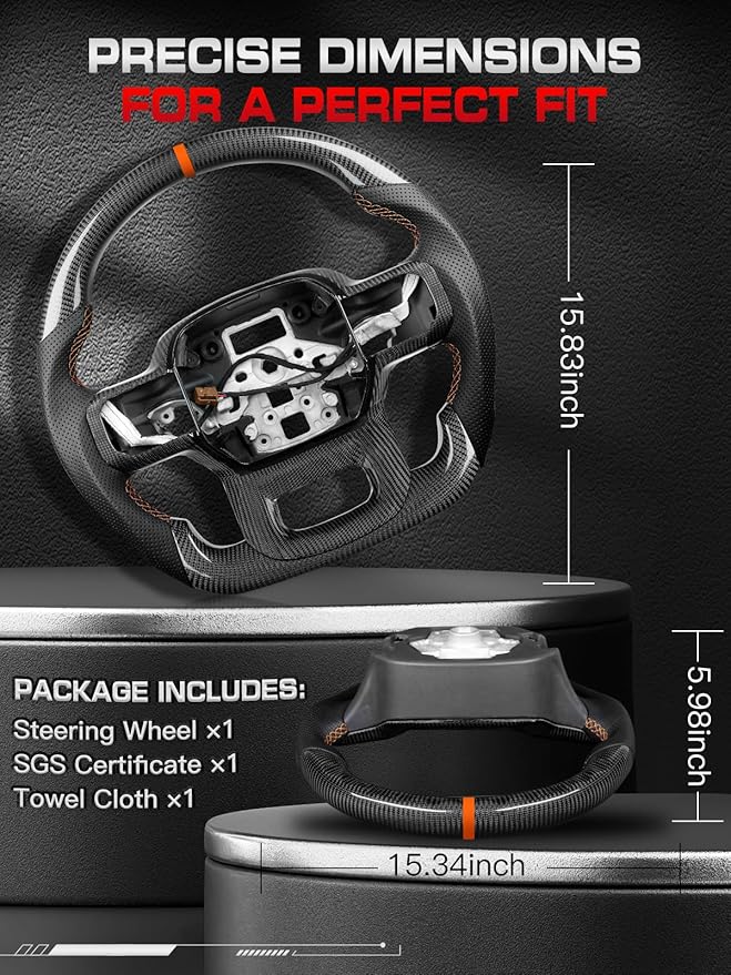 Carbon Fiber Steering Wheel for F150 Raptor 2021-2024 with Heated, with Decorative Trim Piece, Orange Stripe&Stitching Black Nappa Leather D-shaped Flat-bottom for Raptor with Paddle Shifters