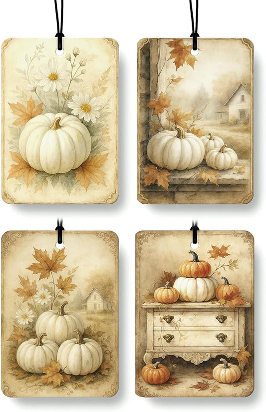 Vintage Fall Pumpkin Car Air Freshener 4 Pcs, Rustic Farmhouse White Pumpkins Flower Hanging Air Freshener for Cars Closet Drawer Books, Retro Fall Car Accessories Mirror Decor for Women