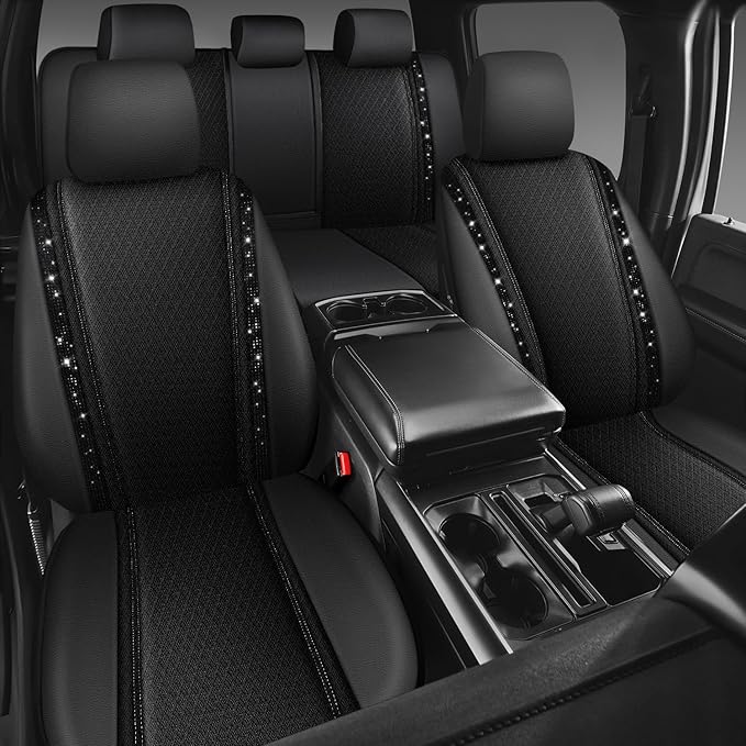 CAR PASS Memory Foam 3D Mesh Bling Diamond Car Seat Cover Full Set Breathable Soft Sponge Universal Shining Glitter Sparkly Crystal Armrest Fit Automotive Truck SUV Cute Women Girl, Black Rhinestone