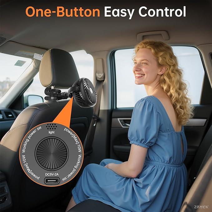Rechargeable Car Fan for Backseat Kids Baby, 3-Speed Quiet with 5000mAh Battery, 360° Rotatable Rear Seat Passenger Cooling Fan, Cordless Portable Clip on Fans for Vehicle SUV Sedan RV