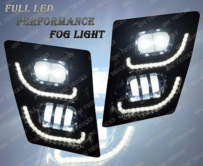 QSC Truck Parts Full LED Performance Black Headlights w/Sequential Turn Signals + LED Fog Light LH RH Set Compatible with Volvo VNL 04-17
