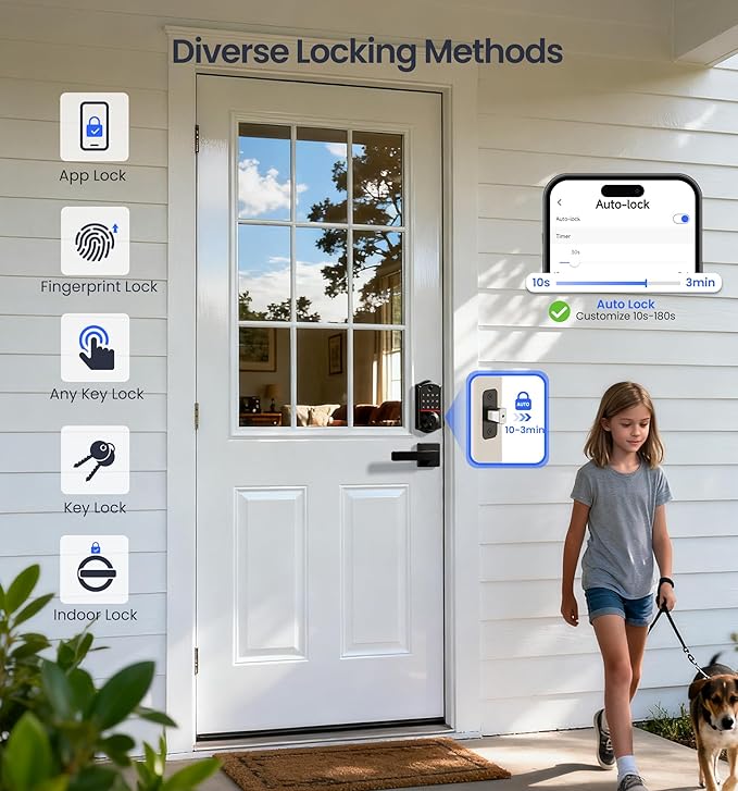 Veise VE017-B Fingerprint Smart Lock for Front Door, App Control, 7-in-1 Keyless Entry Deadbolt with 2 Zinc Alloy Lever Handles Set, Emergency Power Port, Auto Lock, Electronic Keypad, Black