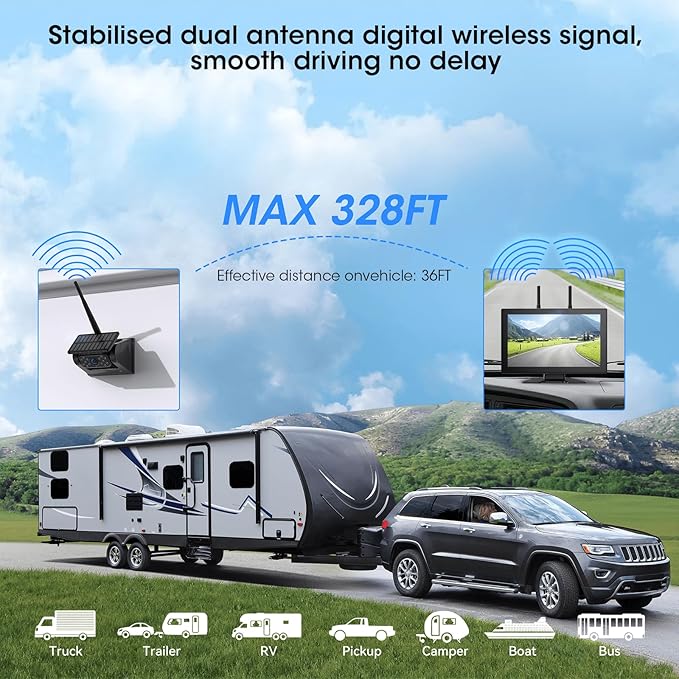 2 Portable Wireless Backup Camera for RV, 1 Min Install Solar Magnetic Camera, 10.1" Large Screen Monitor Backup Camera for Car, Auto-Sleep,DIY Guide Lines 1080P Trailer Camera for Truck,5th Wheels