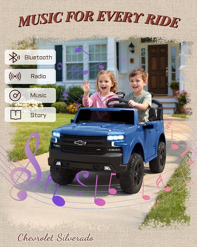 24V 2 Seater Ride on Toys Licensed Chevrolet Silverado, Electric Vehicle with Remote Control and Seat Belts, Electric Ride On Truck wtih Trunk, Bluetooth and LED Lights (Blue)