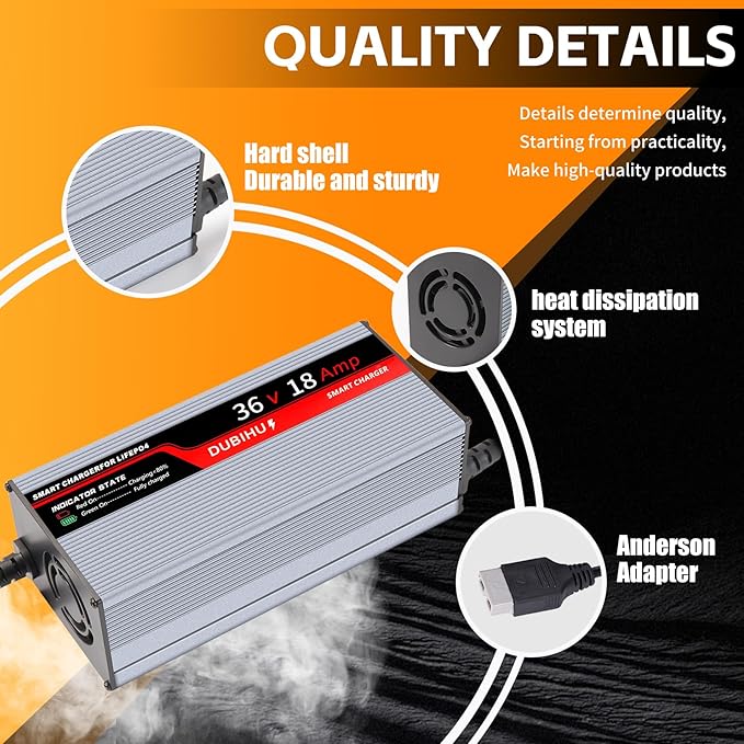 43.8V 18A LifePo4 Lithium Battery Charger Smart Golf Cart, RV & 36V Motor Battery Charger with Anderson Plug, M8 Ring Terminal & 50A Alligator Clip Adapter Cable