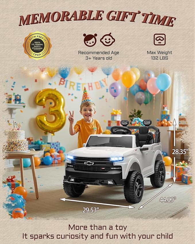 24V 2 Seater Ride on Car for Kids, Licensed Chevrolet Silverado Electric Car for Kids with Remote Control, Toddler Car with Bluetooth, LED Lights, Seat Belts and Spacious Design (White)
