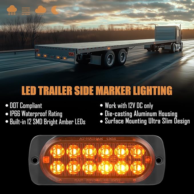 AT-HAIHAN Pack of 2 Aluminum Housing Amber LED Trailer Turn Signal Brake Parking Side Maker Lights, DOT Compliant Waterproof Surface Mount Lighting for Truck Tractor Jeep RV