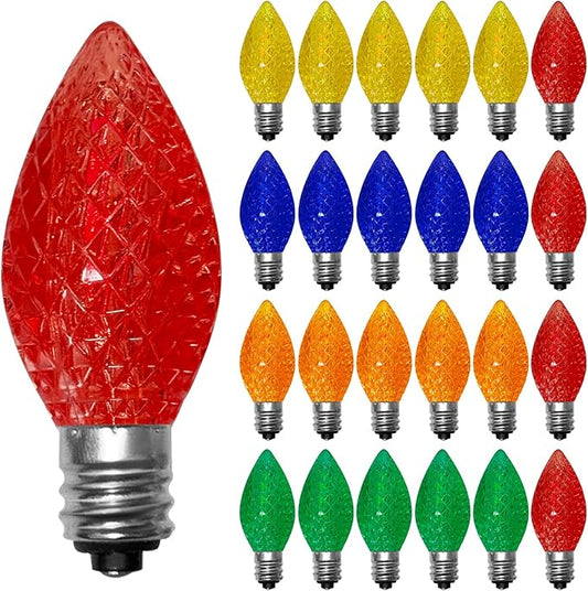 25 Pack C7 LED Multicolor Christmas Light Bulbs, E12 Candelabra Base Bulbs, Shatterproof C7 Multicolor Replacement Light Bulbs for Outdoor Christmas String Lights, Window Candles, Night Light, Patio
