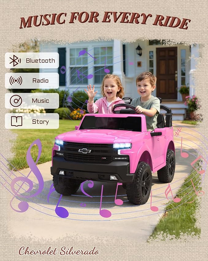 24v Ride on Toys for Big Kids, 2 Seater Licensed Chevrolet Silverado Ride on Car, Electric Car for Kids with Parent Remote Control, Bluetooth, LED Lights and Seat Belts (Pink)