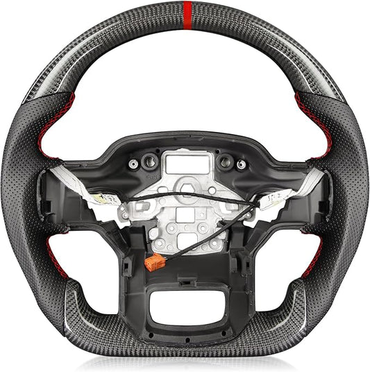 Carbon Fiber Heated Steering Wheel for F-150 Raptor 2021–2024, D-Shaped Flat-Bottom, Perforated Nappa Leather Grip, Hand-Stitched, for Raptor with Paddle Shifters Models