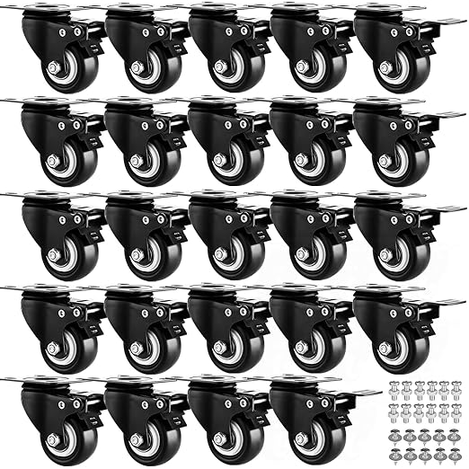 1.5" Casters Set of 24 Heavy-Duty Industrial Caster Wheels with Brake PU No Noise Wheels Double Locking and Double Ball Bearing Swivel Locking Casters for Workbench, Furniture, Plate Castors Black