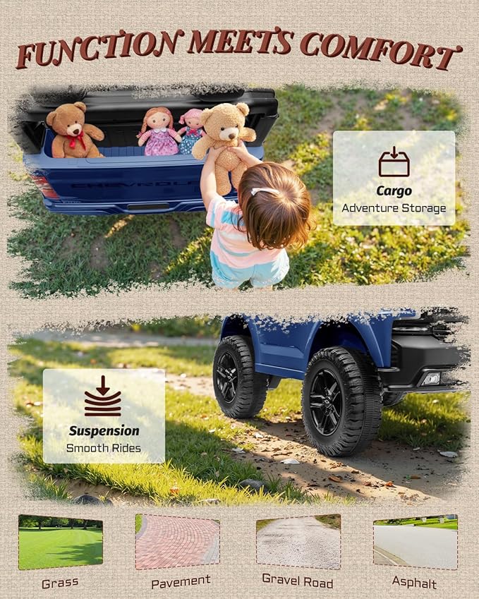 24V 2 Seater Ride on Toys Licensed Chevrolet Silverado, Electric Vehicle with Remote Control and Seat Belts, Electric Ride On Truck wtih Trunk, Bluetooth and LED Lights (Blue)