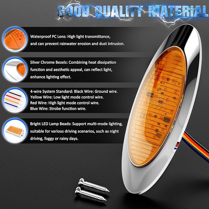 PSEQT 6.5'' Strobe Flash+High/Low Lights Amber 3 Function Trailer LED Side Clearance Tail Marker Oval Lights 16LED Turn Signal Running Warining Lamp Waterproof for Truck Pickup Caravan RV Bus, 5Pcs