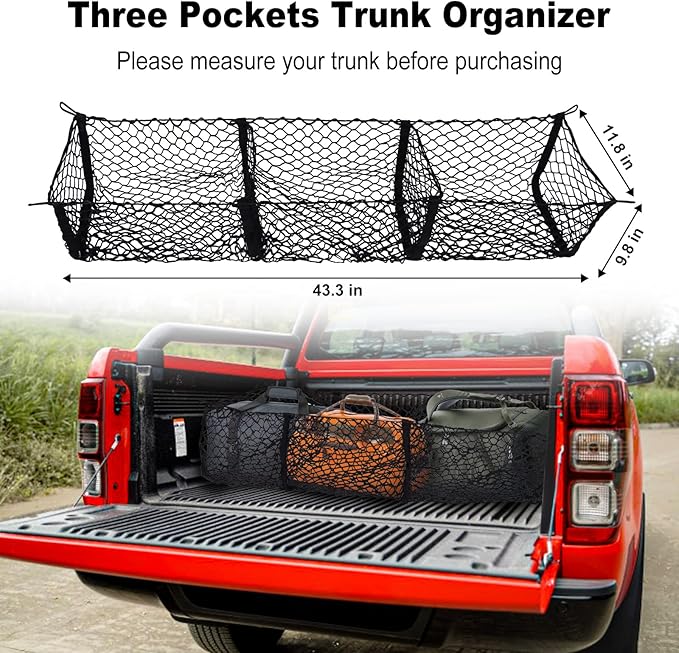 Detachable Cargo Net Trunk Bed Organizer for Ford/Dodge/GMC/Chevy Silverado/Toyota/Nissan/Honda and Pickup Truck, 43" Mesh Storage Net Heavy Duty Cargo Net with 3 Pocket