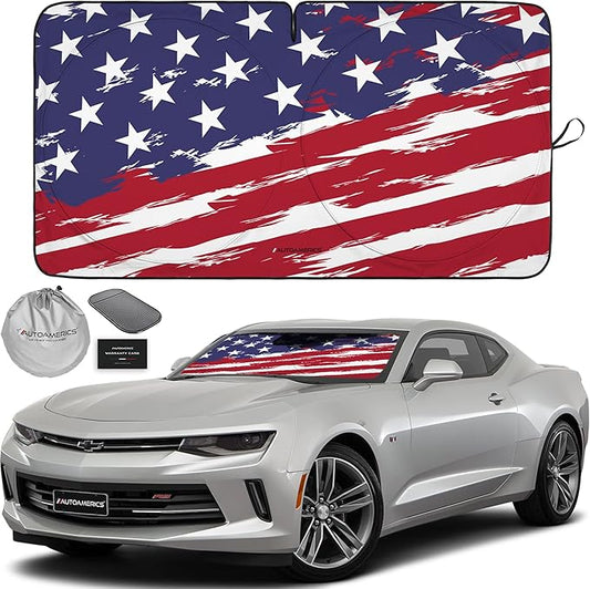 Autoamerics 1-Piece Windshield Sun Shade USA Art Flag - 2 American Design - Foldable Car Front Window Sunshade for Most Sedans SUV Truck - Blocks Max UV Rays and Keeps Your Vehicle Cool - Small
