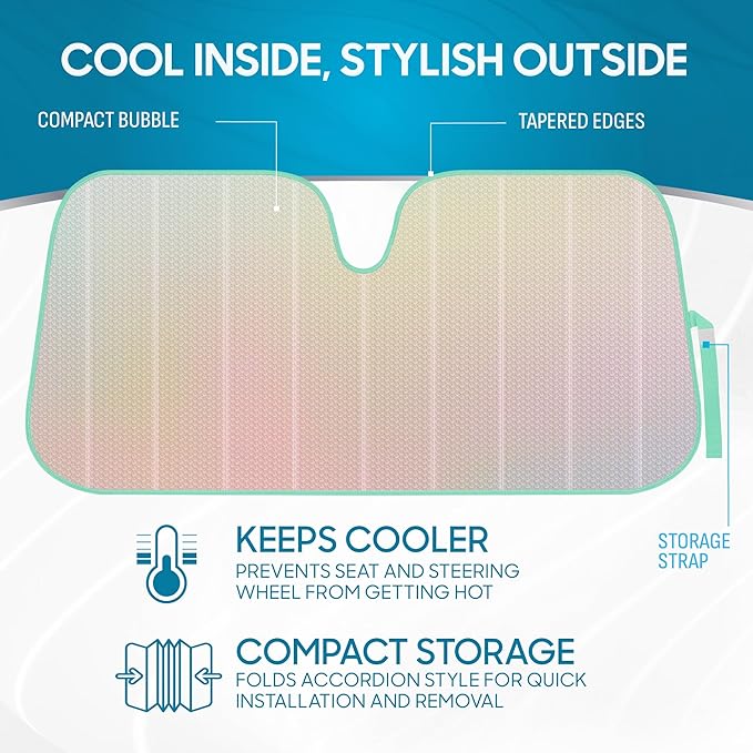 Iridescent Matte White Front Windshield Sunshade-Accordion Folding Shade-Blocks UV Rays- 58 x 27 in