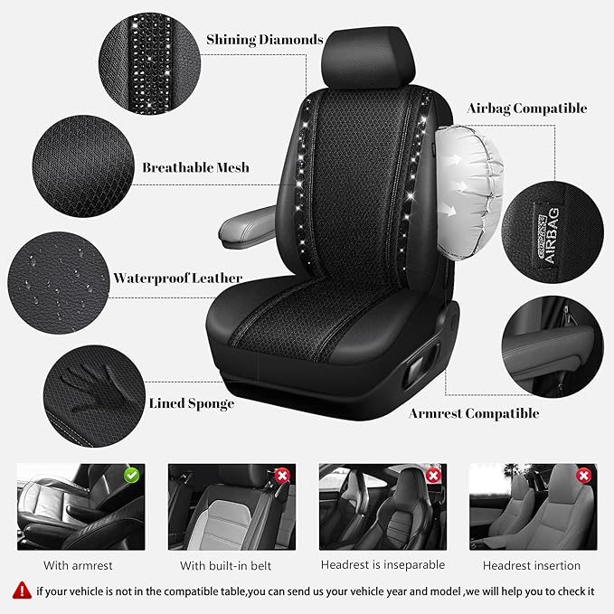 CAR PASS Memory Foam 3D Mesh Bling Diamond Car Seat Cover Full Set Breathable Soft Sponge Universal Shining Glitter Sparkly Crystal Armrest Fit Automotive Truck SUV Cute Women Girl, Black Rhinestone