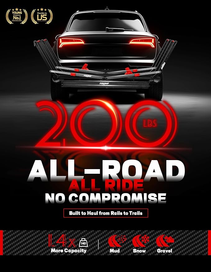 Young 200 lbs Ebike Racks with Ramp for Tow Hitch with 2 Arms, Tire Clamp 2 Bike Rack Hitch for Car SUV RV Truck Trailer, Scratch Free, Fit up to 5 Inch Fat Tire, 2" Receiver