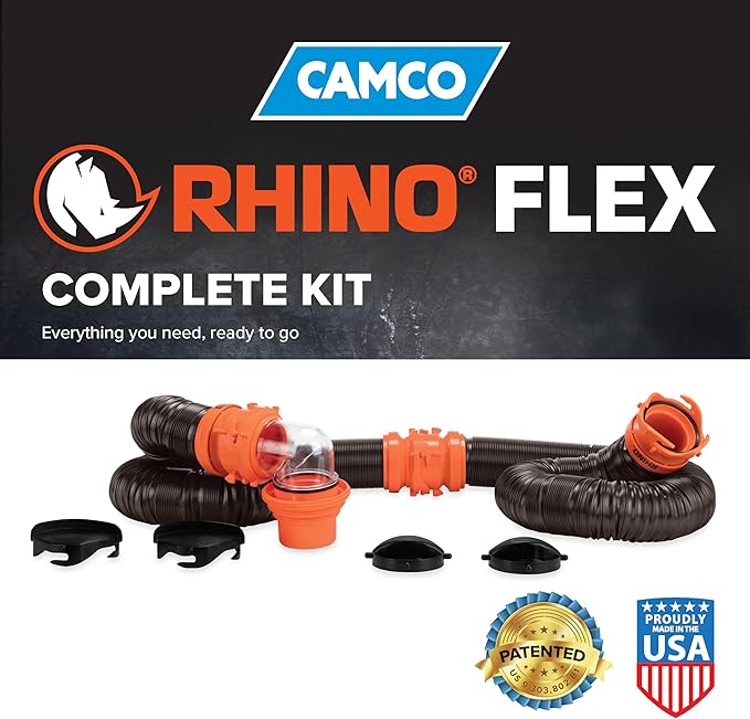 Camco RhinoFLEX 20-Ft RV Sewer Hose Kit - Features Clear Elbow Fitting w/Removable 4-in-1 Adapter - Connects to 3” Slip or 3”/3.5”/4” NPT Threaded Sewer Connection (39742)