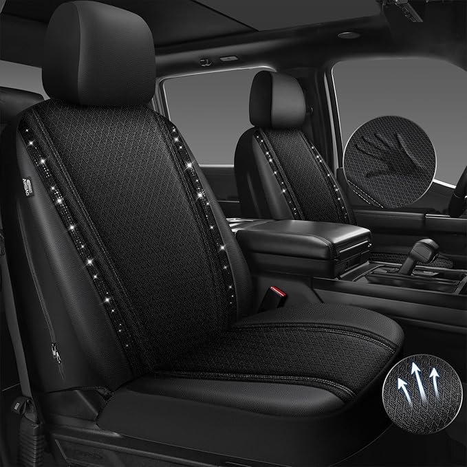 CAR PASS Memory Foam 3D Mesh Bling Diamond Car Seat Cover Full Set Breathable Soft Sponge Universal Shining Glitter Sparkly Crystal Armrest Fit Automotive Truck SUV Cute Women Girl, Black Rhinestone