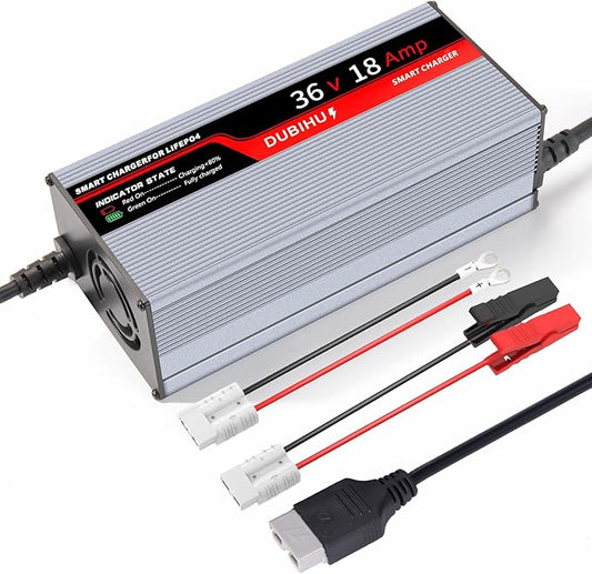 43.8V 18A LifePo4 Lithium Battery Charger Smart Golf Cart, RV & 36V Motor Battery Charger with Anderson Plug, M8 Ring Terminal & 50A Alligator Clip Adapter Cable