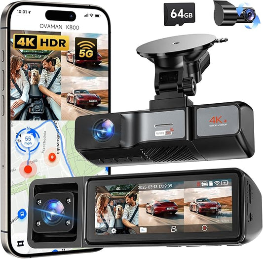 K800 4K+1080P+1080P 3 Channel Dash Cam, Dash Cam Front and Rear Inside, 5.8GHz WiFi Built-in GPS, Free 64GB Card, 3.2" IPS Screen Dash Camera for Cars, IR Night Vision, 24H Parking Mode, G-Sensor