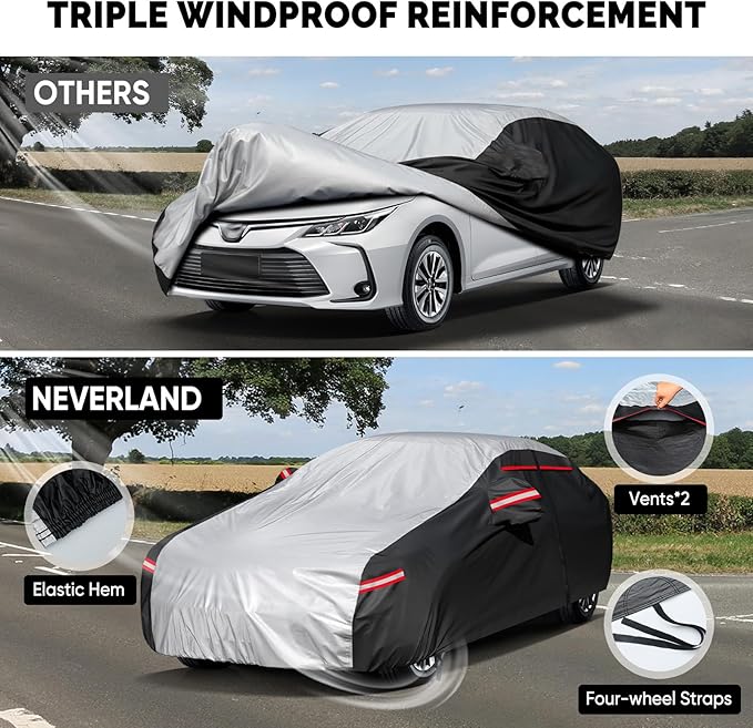 Neverland Car Cover - Car Cover Waterproof All Weather Snowproof UV Protection Windproof Full Car Covers with Side Door Zipper,Reflective Strips,Storage Bag Full Exterior Covers