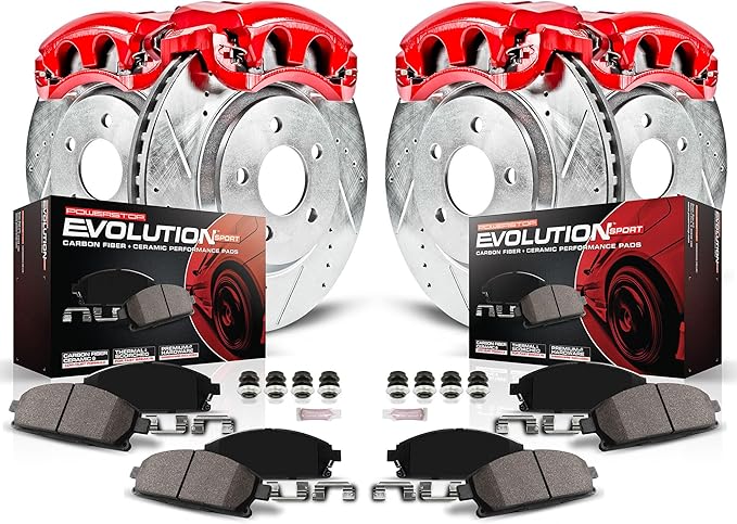Power Stop KC2154 Z23 Evolution Sport Brake Kit with Powder Coated Calipers Brake Pads, Drilled and Slotted Rotors For 2003 2004 2005 2006 Jeep Wrangler [Models with Rear Disc]