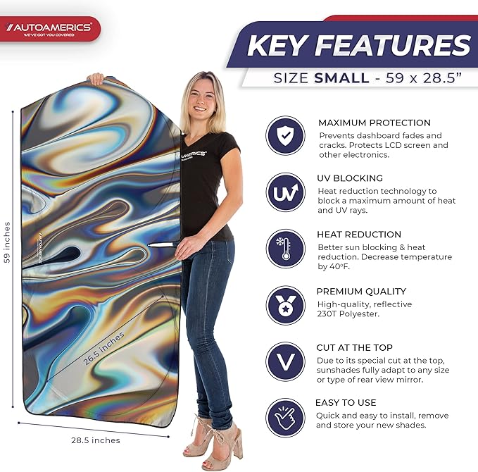 Autoamerics 1-Piece Windshield Sun Shade - Chrome Liquid Foldable Car Front Window Sunshade for Cars SUV Truck - Heat Blocker Visor Protector Blocks Max UV Rays and Keeps Your Vehicle Cool - Small