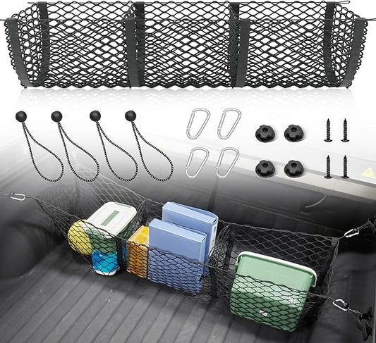 RED WOLF 3 Pocket Truck Bed Cargo Net for Toyota Ford Dodge GMC Chevy Silverado, Universal Pickup Mesh Storage Net 47.2" x 11.8" Stretchable Elastic Truck Bed Grocery Holder Net with 4 Ball Bungees