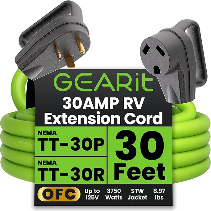 GEARit 30-Amp Extension Cord for RV and Auto, 125-Volt, 3-Prong, 10/3 STW 10AWG Gauge 3 Wire, NEMA TT-30P to TT-30R, Outdoor, Waterproof, Outdoor Camper Power Cord, 30 feet (9.1 Meters), Green