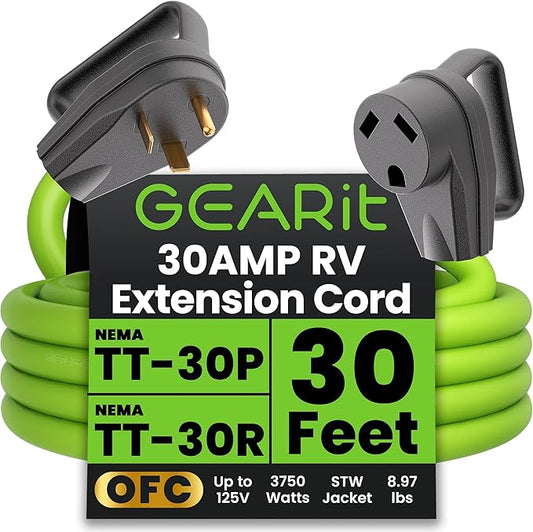 GEARit 30-Amp Extension Cord for RV and Auto, 125-Volt, 3-Prong, 10/3 STW 10AWG Gauge 3 Wire, NEMA TT-30P to TT-30R, Outdoor, Waterproof, Outdoor Camper Power Cord, 30 feet (9.1 Meters), Green