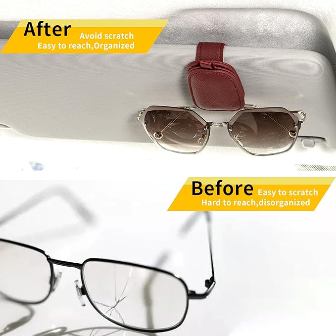 Yuoyar Sunglass Holder for Car, Magnetic Leather Sunglasses Holder and Ticket Card Clip, Car Visor Accessories, 2 Packs (Red)