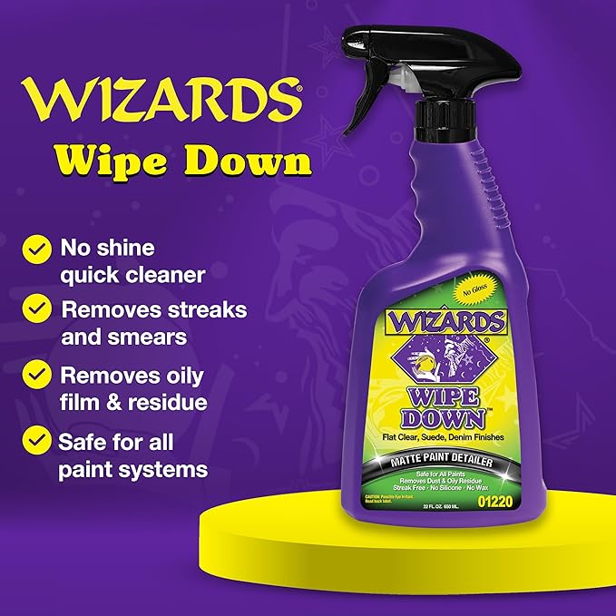 Wizards - Wipe Down Quick Detailer Spray - Matte Finish Cleaning Solution - Effortless On-The-Go Detailing for Flat, Suede, and Denim Surfaces - Professional Auto and Motorcycle Care Essential - 22 Oz