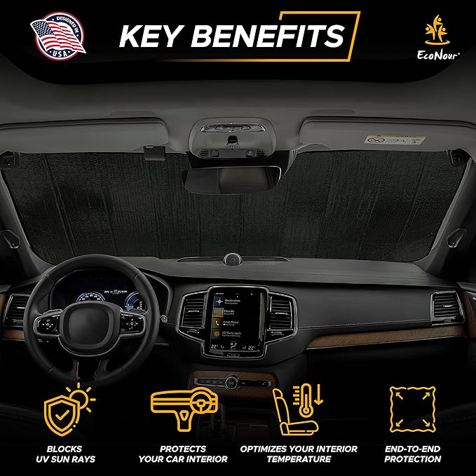 EcoNour Accordion Car Windshield Sun Shade | Reflective Car Window Shades for UV & Sun Protection | Foldable Windshield Cover Keeps Interior Cool | 26 x 56 Inches