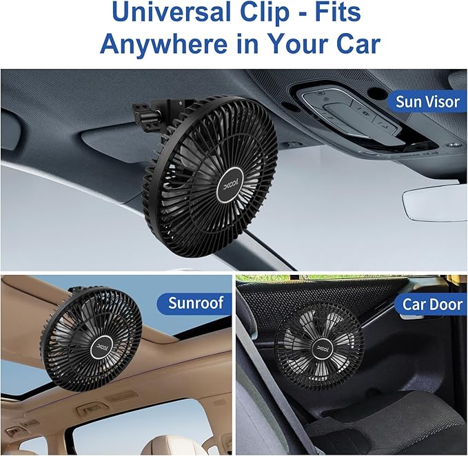 XOOL Clip Car Fan, 9 Inches 12V/24V Fan for Front/Rear Seat Passenger, 360 Degree Rotatable Electric Cooling with Stepless Speed Regulation SUV, RV, Truck
