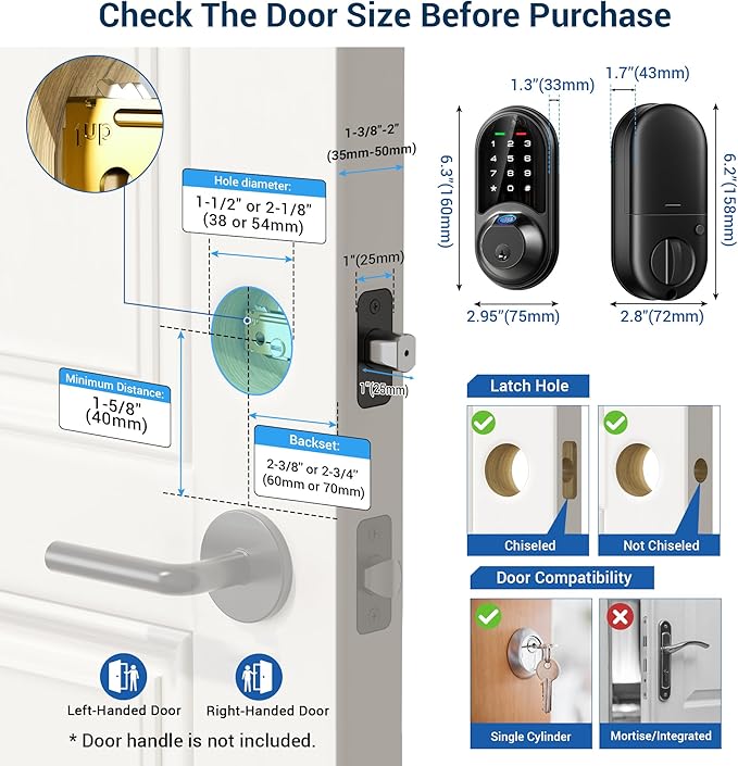 Veise RZ07 Smart Lock, Fingerprint Door Lock, 7-in-1 Keyless Entry with App Control, Electronic Touchscreen Keypad Deadbolt, Biometric Smart Locks for Front Door, Matte Black