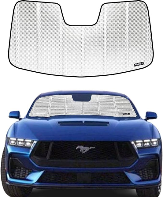 Windshield Sun Shade for Ford Mustang 2015-2023 with Rearview Mirror Mounted Camera. Reflective Aluminum Film Front Window Sunshade - BLAZBLOCK