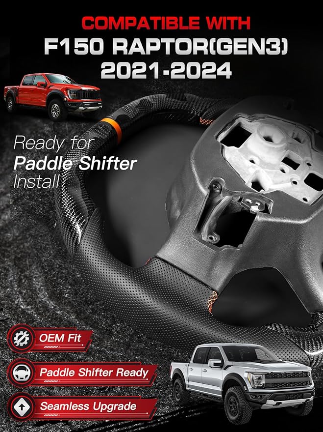 Steering Wheel for F150 Raptor 2021-2024 with Heated, Real Carbon Fiber, Double-D Flat-Top & Bottom, Orange Stripe & Stitching, for Raptor with Paddle Shifter Models