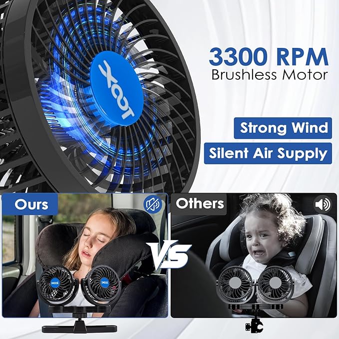 XOOL USB Car Fans for Backseat - Dual Head Cooling Car Fan for Kids, 360° Rotatable Car Rear Headrest Fan, Air Circulation Fans with Adjustable Clip Stepless Speed Regulation for SUV RV Vehicles Truck